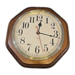 Vtg Verichron Quartz Wall Clock Octagon Wood Frame Brass Bezel Glass Works USA
